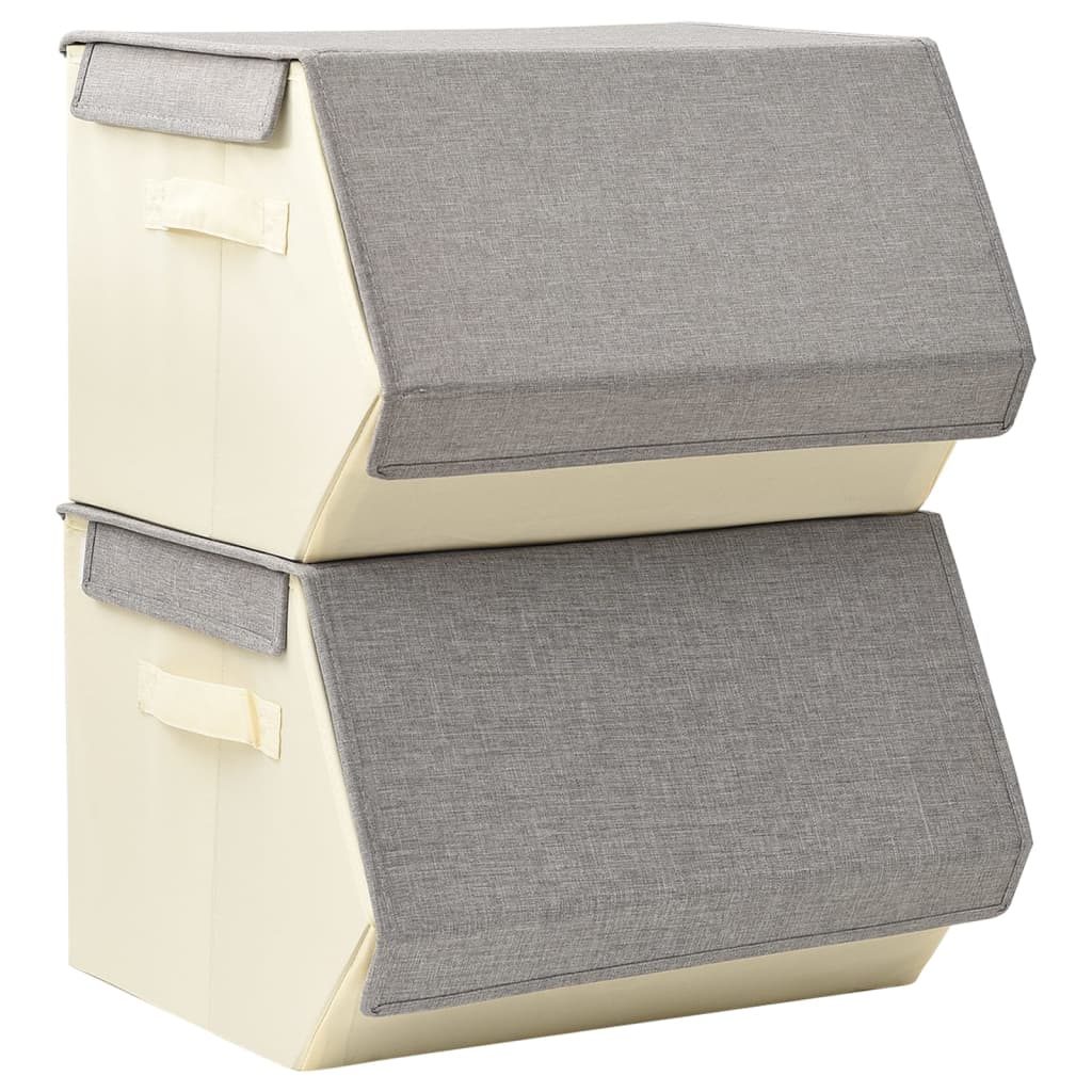 vidaXL Stackable Storage Boxes with Lid Set of 2 pcs Fabric Grey&Cream