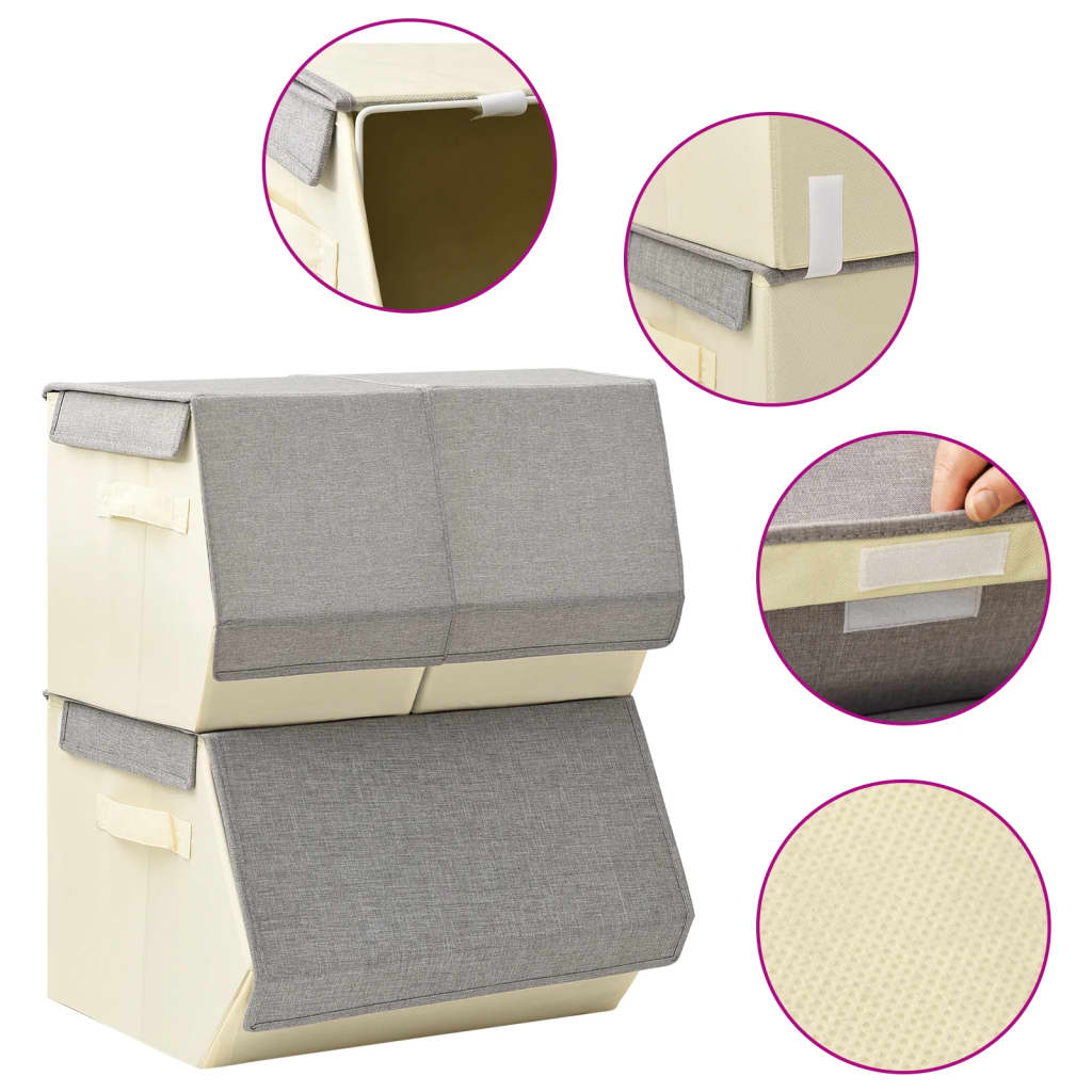 vidaXL Boîtes de rangement empilables 3 pcs Tissu Gris et crème