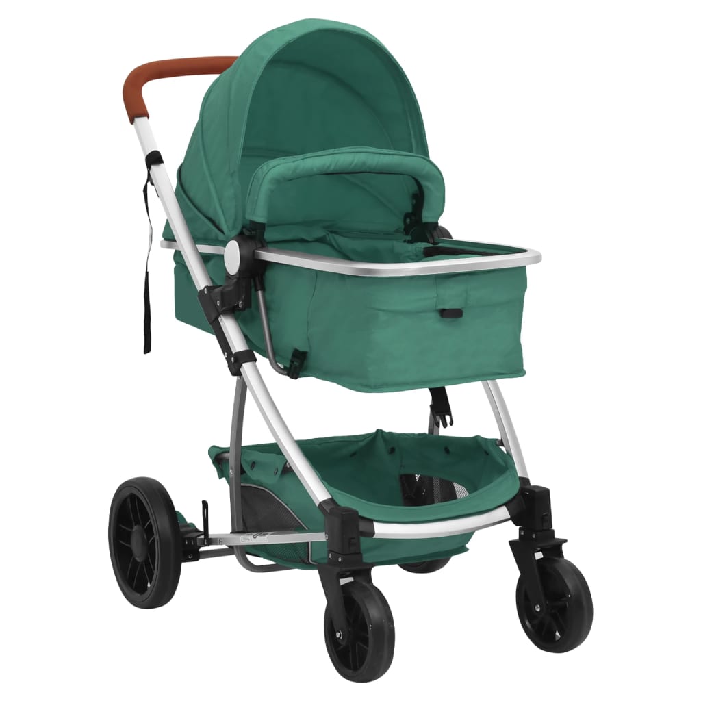 vidaXL Бебешка количка 3-в-1, зелена, алуминий