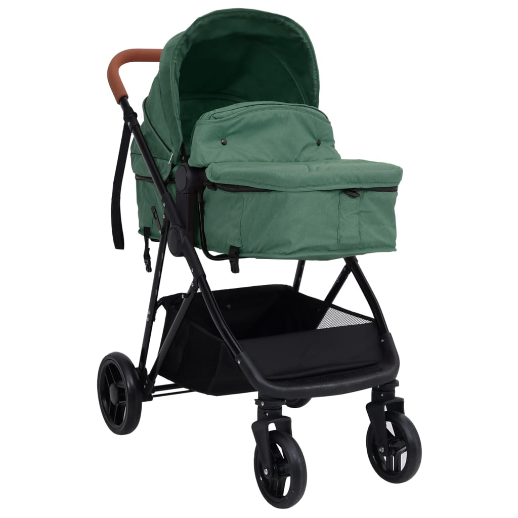 vidaXL Бебешка количка 3-в-1, зелено и черно, стомана
