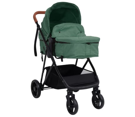 vidaXL Otroški voziček 3 v 1 zelen in črn jeklen