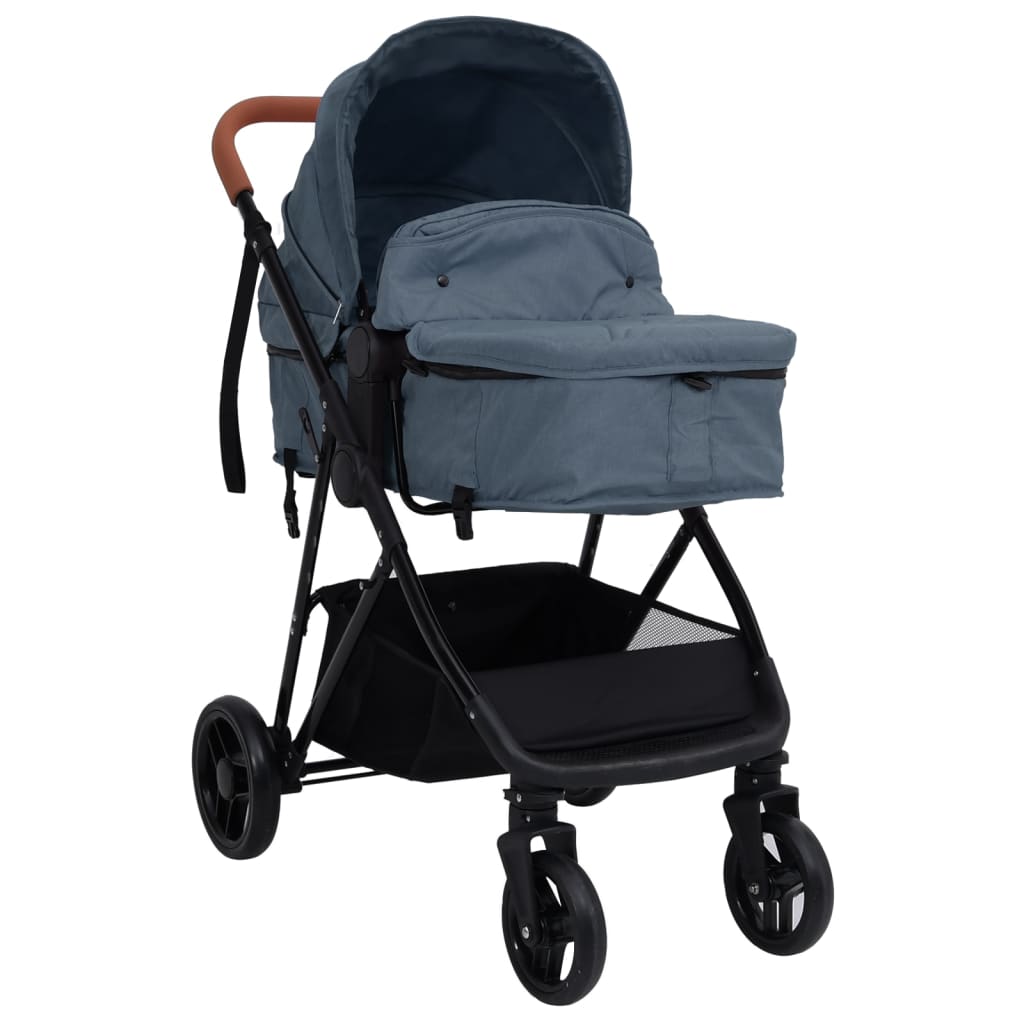 vidaXL Бебешка количка 2-в-1, нейви синьо и черно, стомана