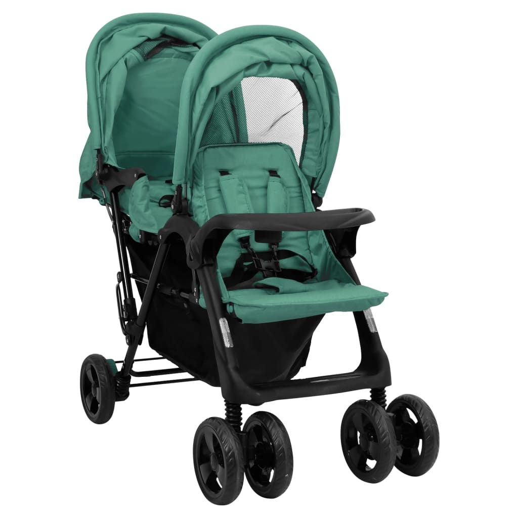 vidaXL Carrito para gemelos tandem de acero verde