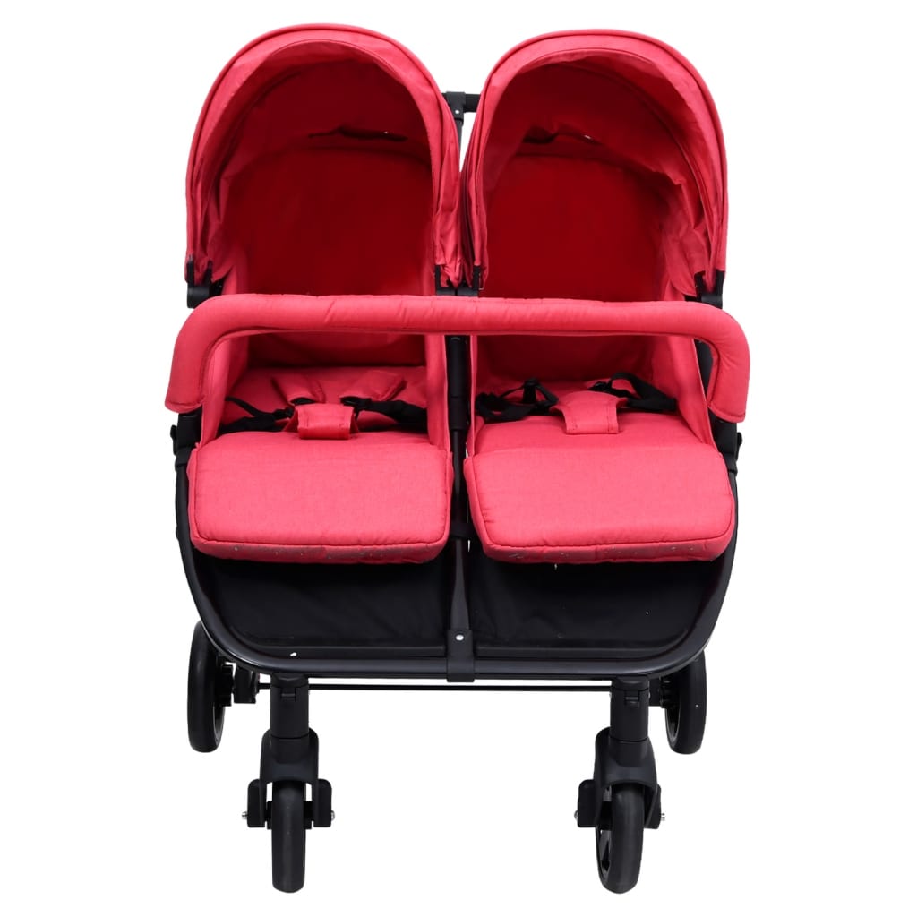 vidaXL Otroški voziček za dvojčke rdeč in črn jeklen
