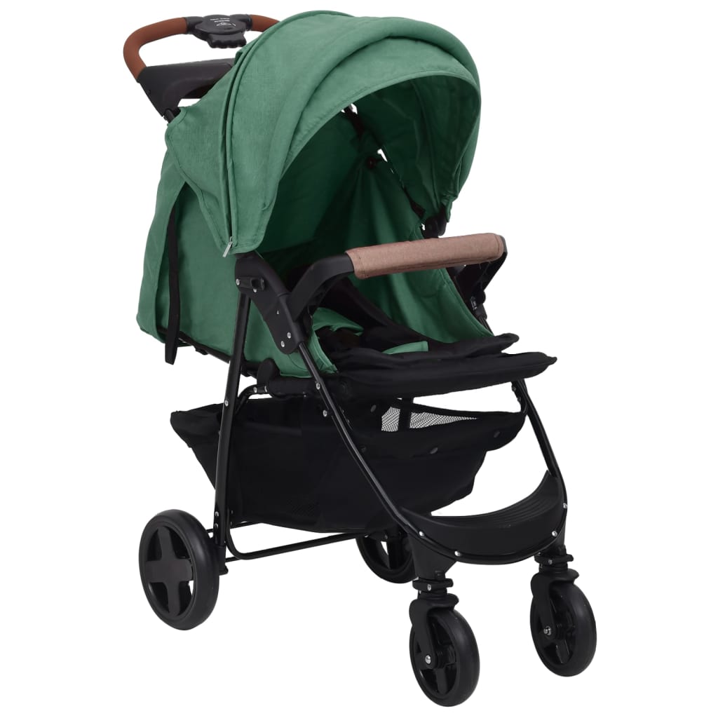 vidaXL Бебешка количка 3-в-1, зелена, стомана