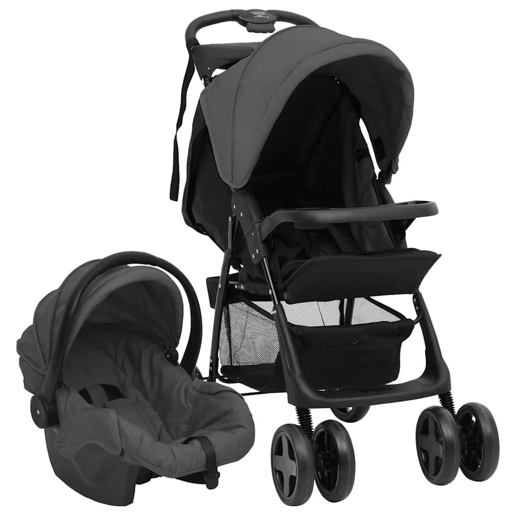 vidaXL 3-in-1 Kinderwagen Dunkelgrau und Schwarz Stahl