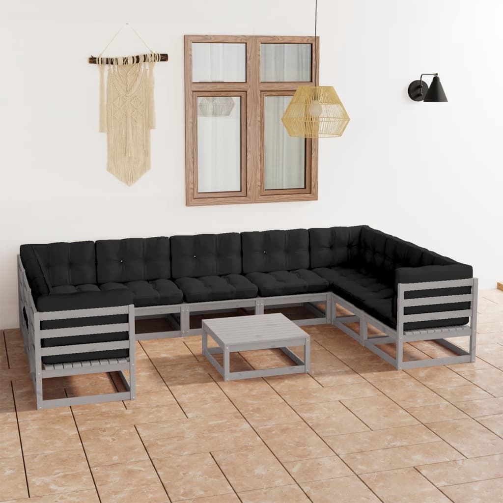 vidaXL 10-tlg. Garten-Lounge-Set mit Kissen Grau Massivholz Kiefer