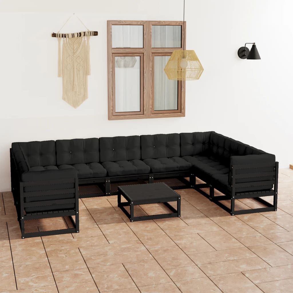 vidaXL 10-tlg. Garten-Lounge-Set mit Kissen Schwarz Massivholz Kiefer