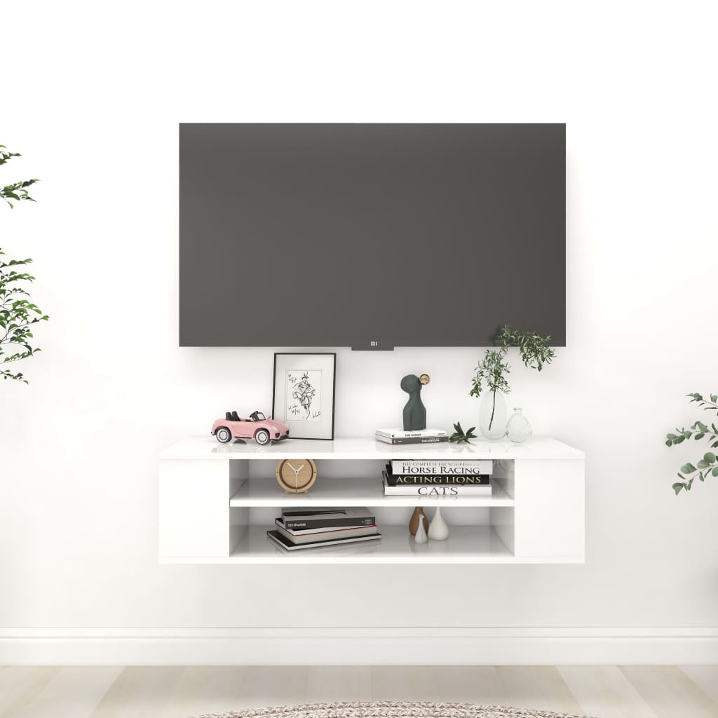 Meuble TV suspendu Blanc brillant 100x30x26,5 cm Aggloméré | meublestv.fr 2