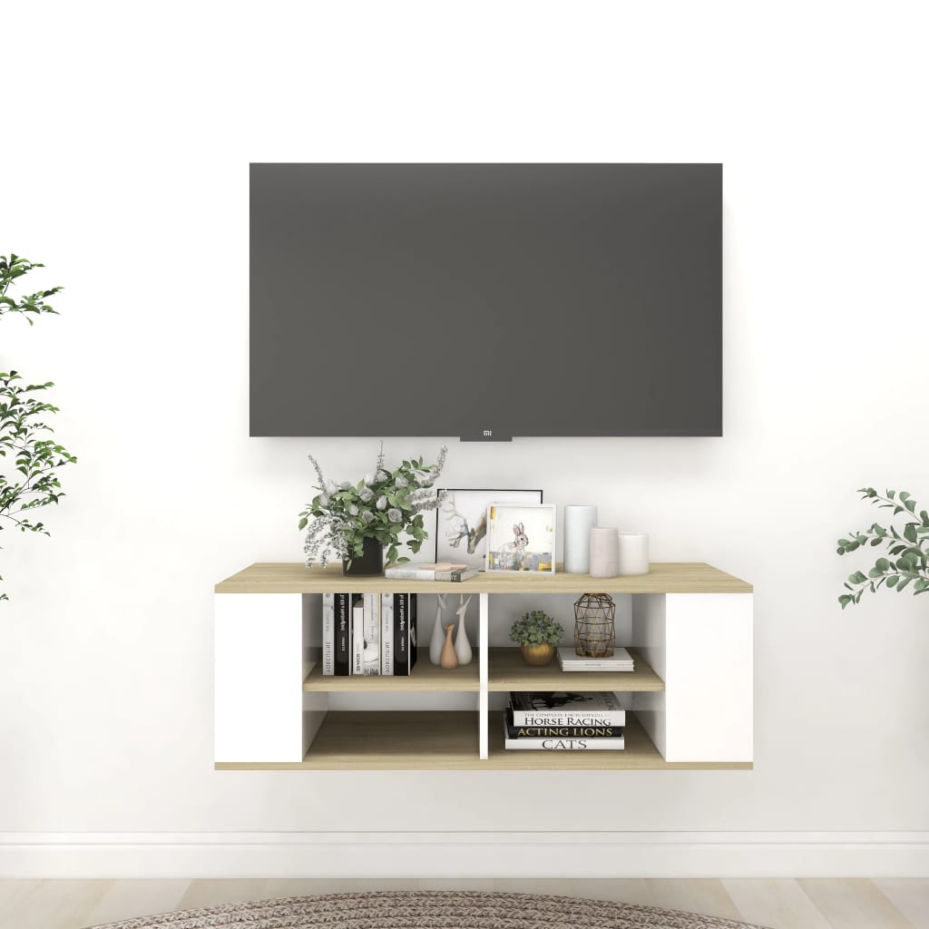 vidaXL Dulap TV montat pe perete alb&stejar sonoma 102x35x35 cm lemn