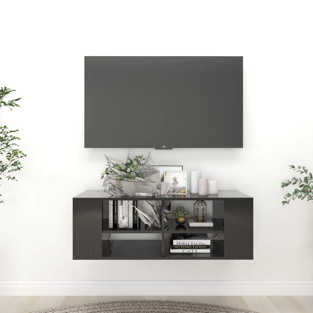 vidaXL Wisząca szafka pod TV, czarna, wysoki połysk, 102x35x35 cm