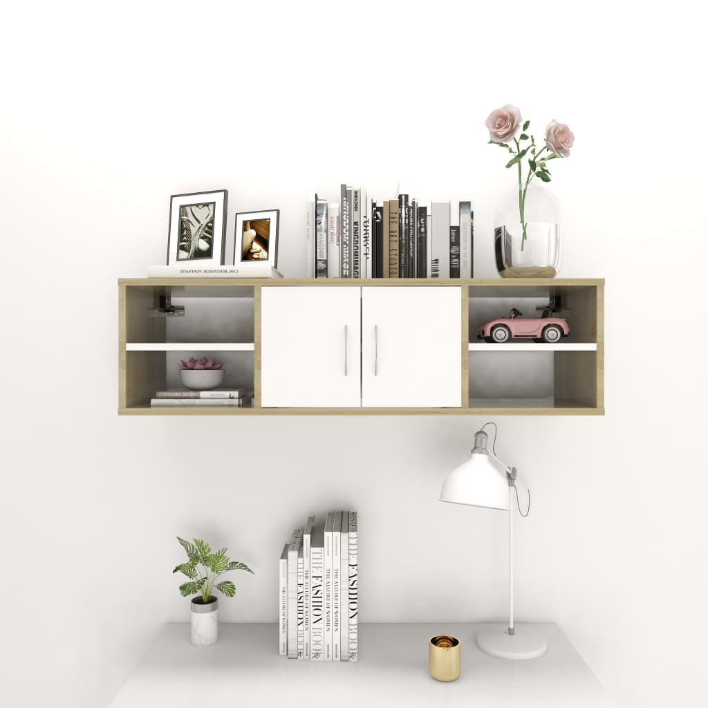 vidaXL Wall Shelf Sonoma Oak and White 40.2"x11.8"x11.4" Engineered Wood