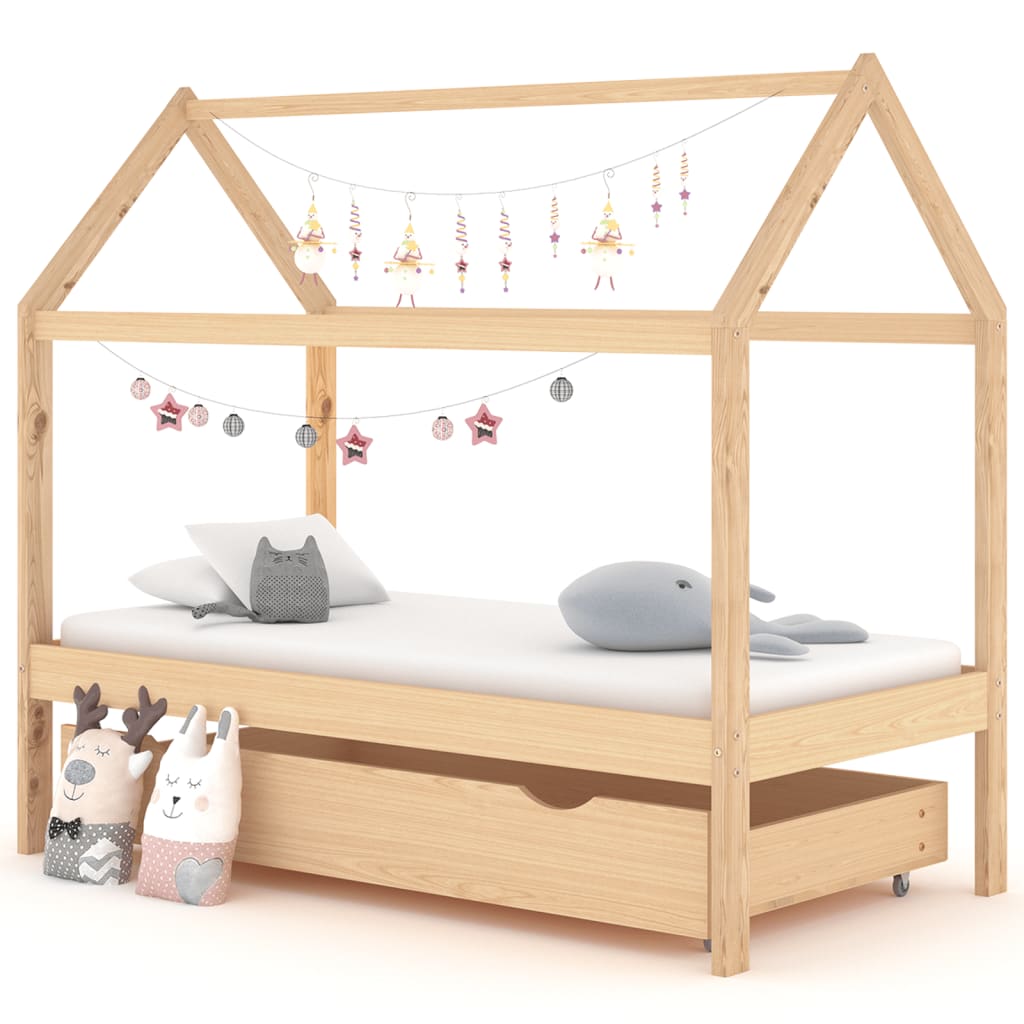 Cadru pat pentru copii, cu un sertar, 80×160 cm, lemn masiv pin