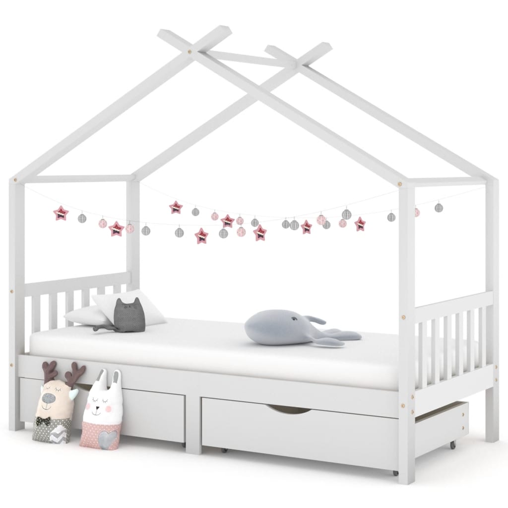 vidaXL Cadru de pat copii, cu sertare, alb, 90x200 cm, lemn masiv pin