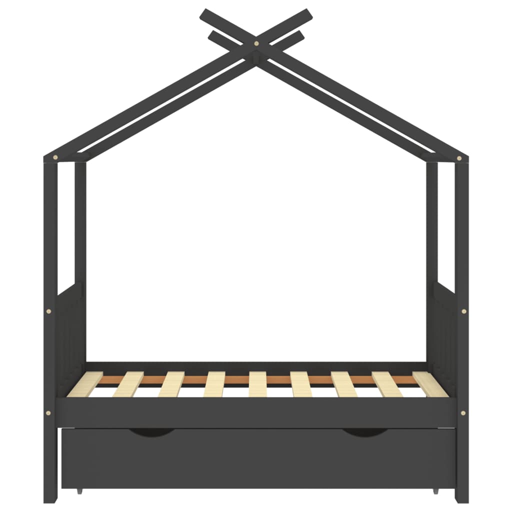 Sötétszürke tömör fenyőfa gyerekágykeret fiókkal 70 x 140 cm 