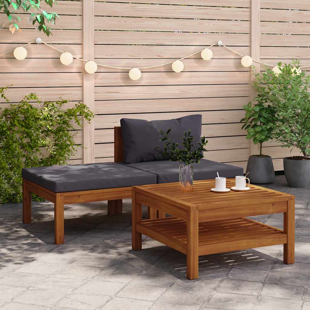 vidaXL 3-tlg. Garten-Lounge-Set mit Dunkelgrauen Kissen Akazienholz
