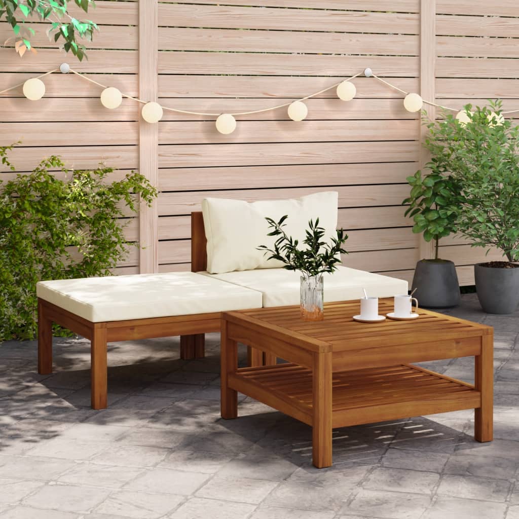 vidaXL Set mobilier grădină perne alb crem, 3 piese, lemn masiv acacia vidaXL