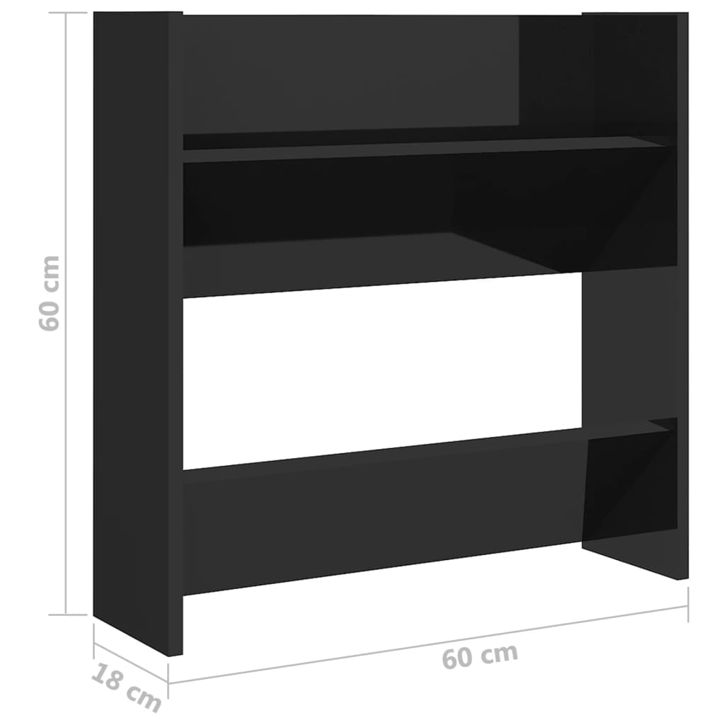 Стенни шкафове за обувки, 2 бр, черен гланц, 60x18x60 см, ПДЧ