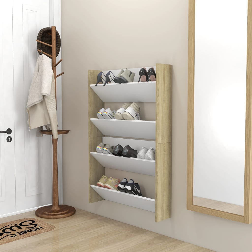 

vidaXL Wandschoenenkasten 2 st 80x18x60 cm spaanplaat wit sonoma eiken
