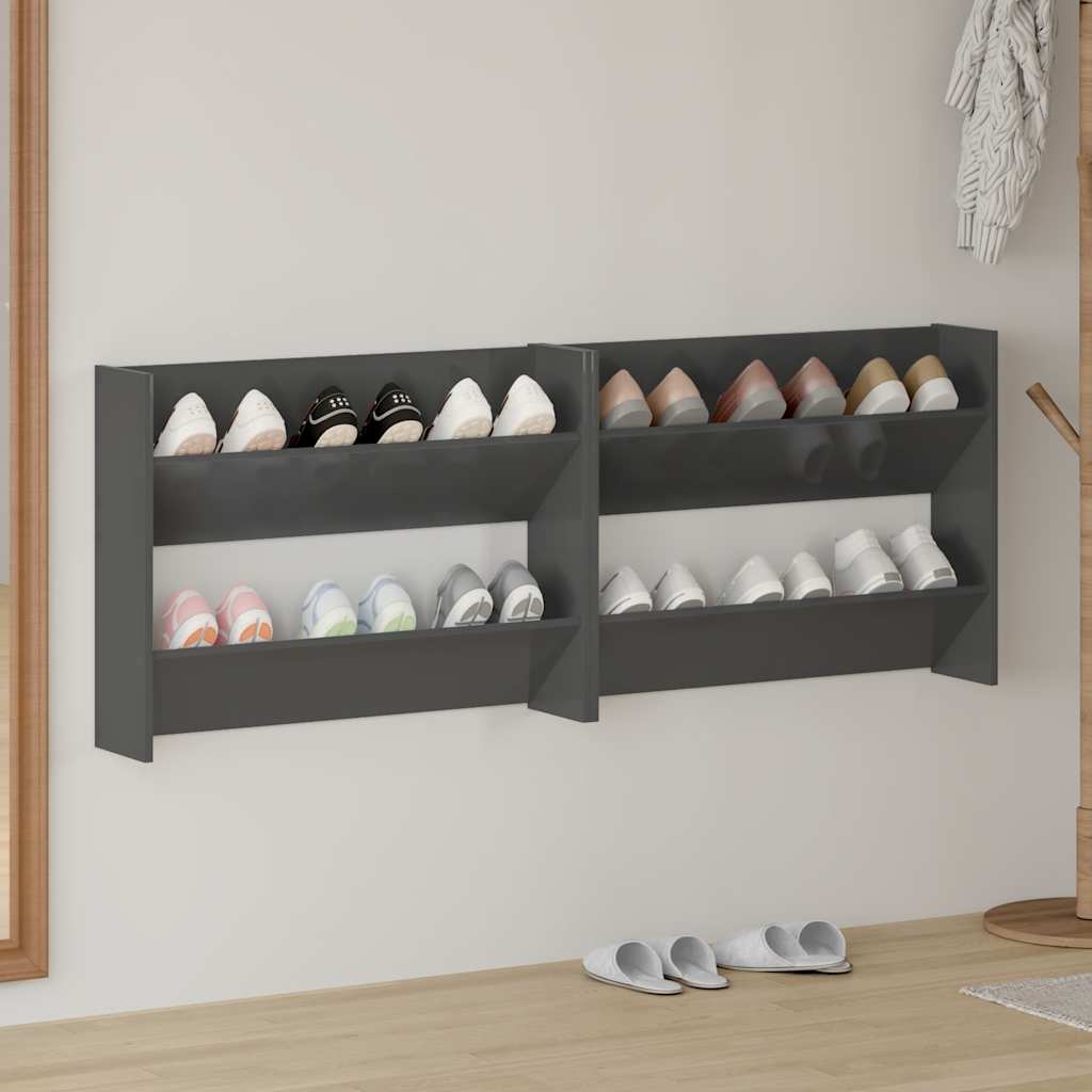 vidaXL Wand-Schuhschränke 2 Stk. Hochglanz-Grau 80x18x60cm