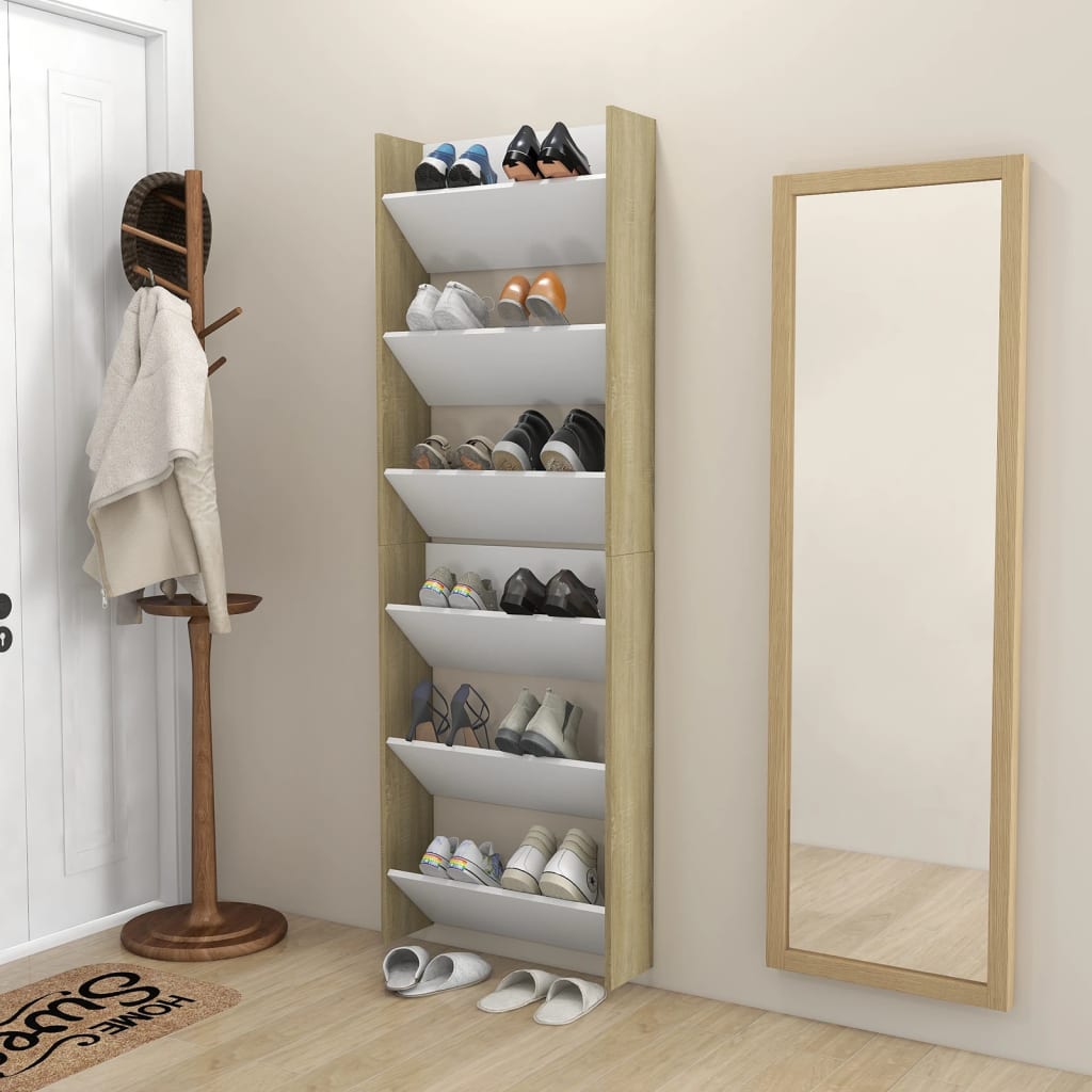 vidaXL Wall Shoe Cabinets 2 pcs White&Sonoma Oak 60x18x90cm Engineered Wood