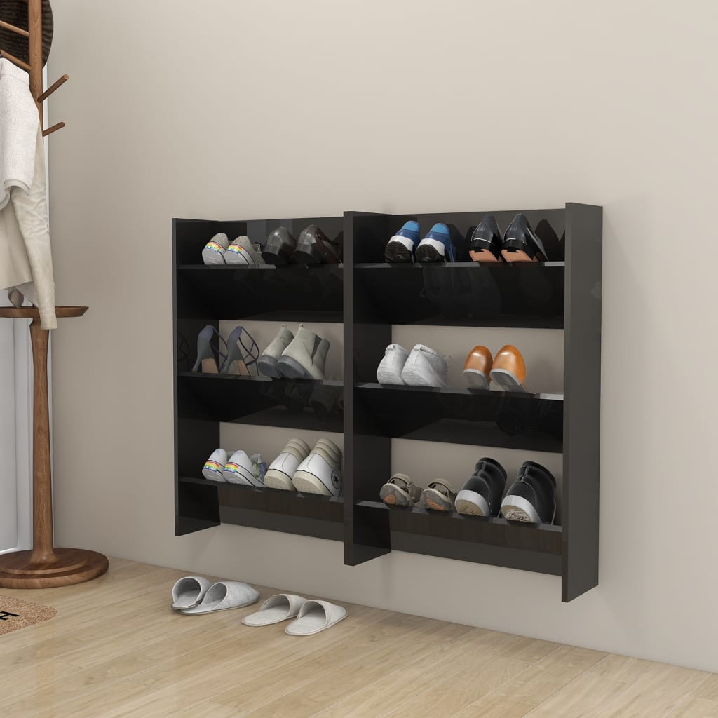 Стенни шкафове за обувки, 2 бр, черен гланц, 60x18x90 см, ПДЧ