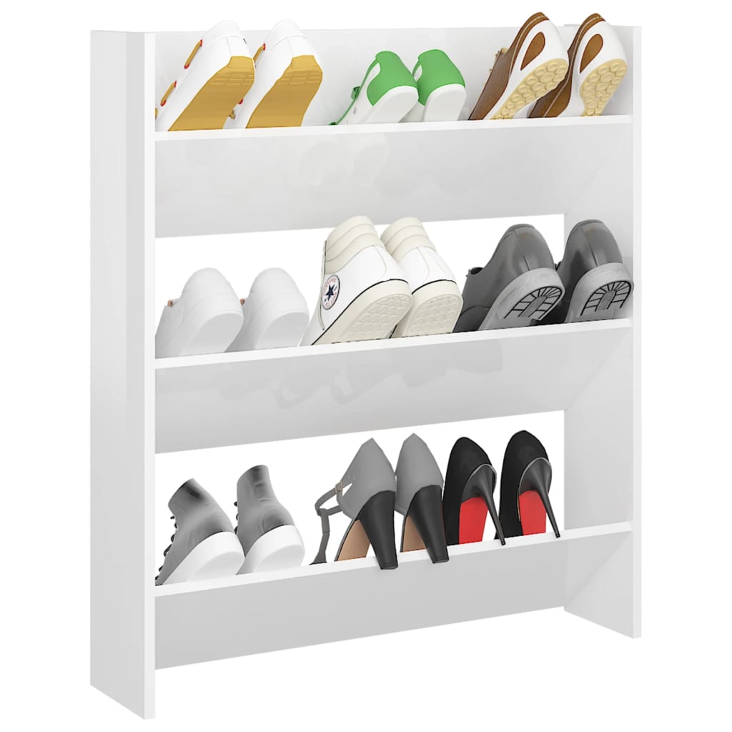 vidaXL Стенeн шкаф за обувки, бял гланц, 80x18x90 см, ПДЧ