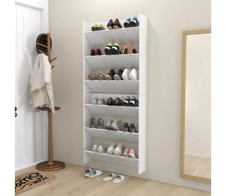 vidaXL Стенни шкафове за обувки, 2 бр, бял гланц, 80x18x90 см, ПДЧ