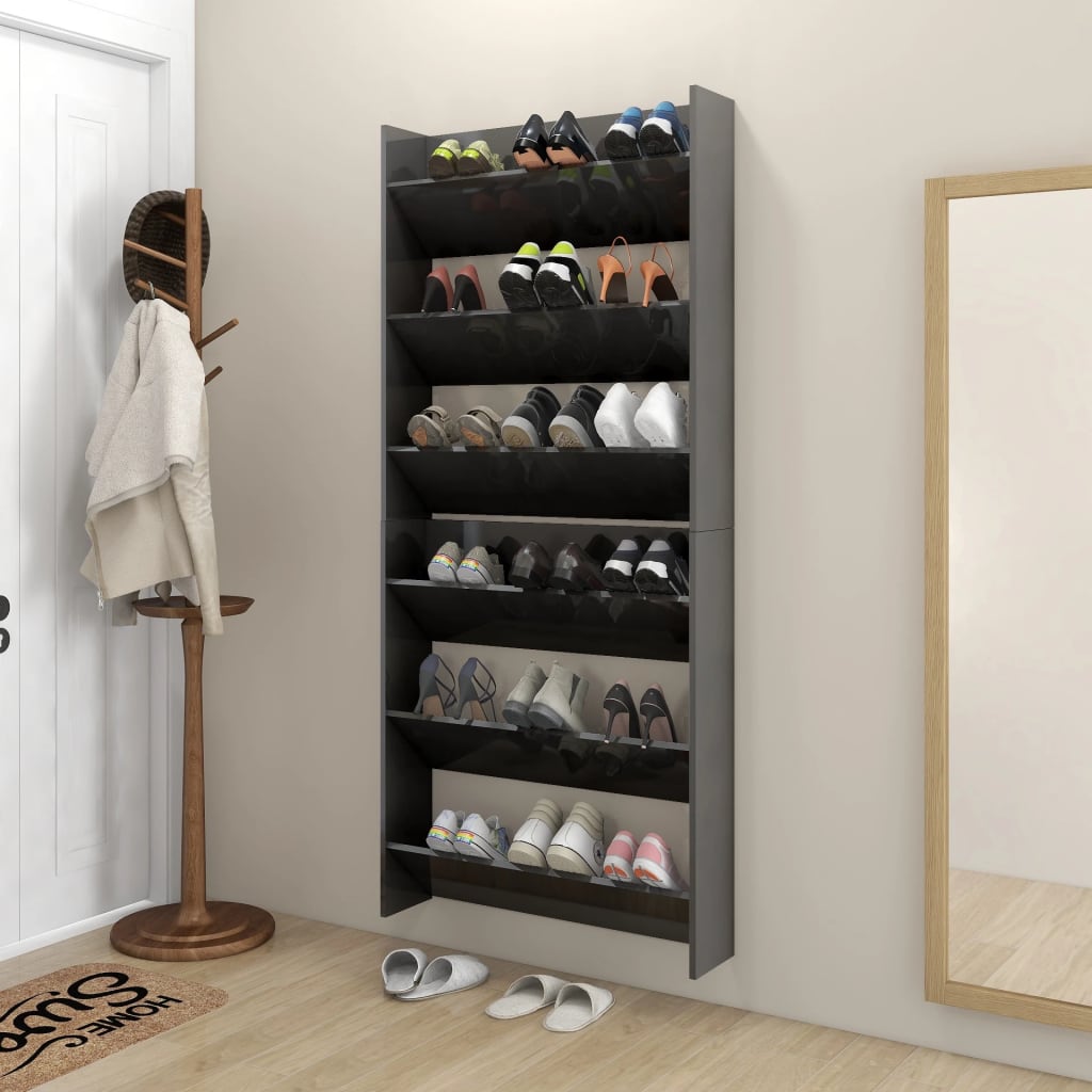 vidaXL Wall Shoe Cabinets 2 pcs High Gloss Grey 80x18x90 cm Engineered Wood