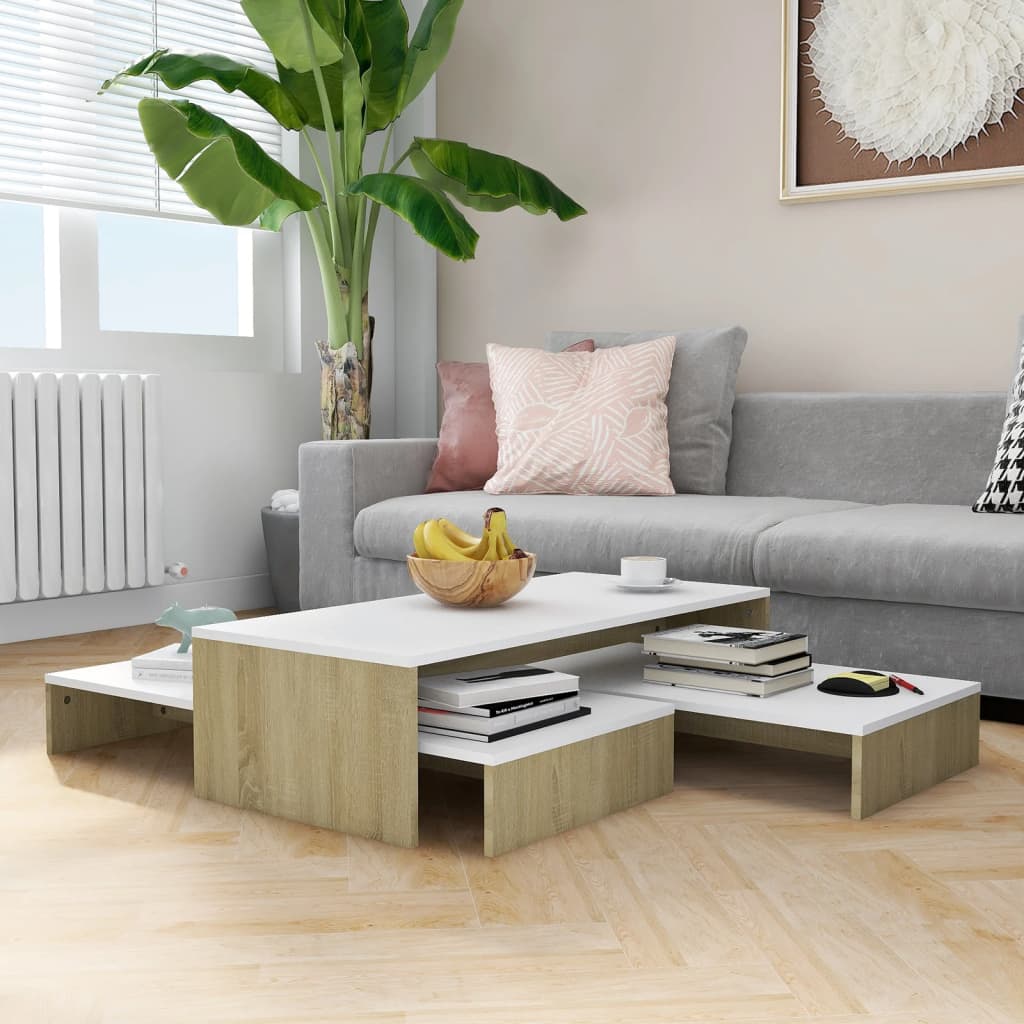 vidaXL indskudt sofabordssæt 100x100x26,5 cm hvid og sonoma-eg