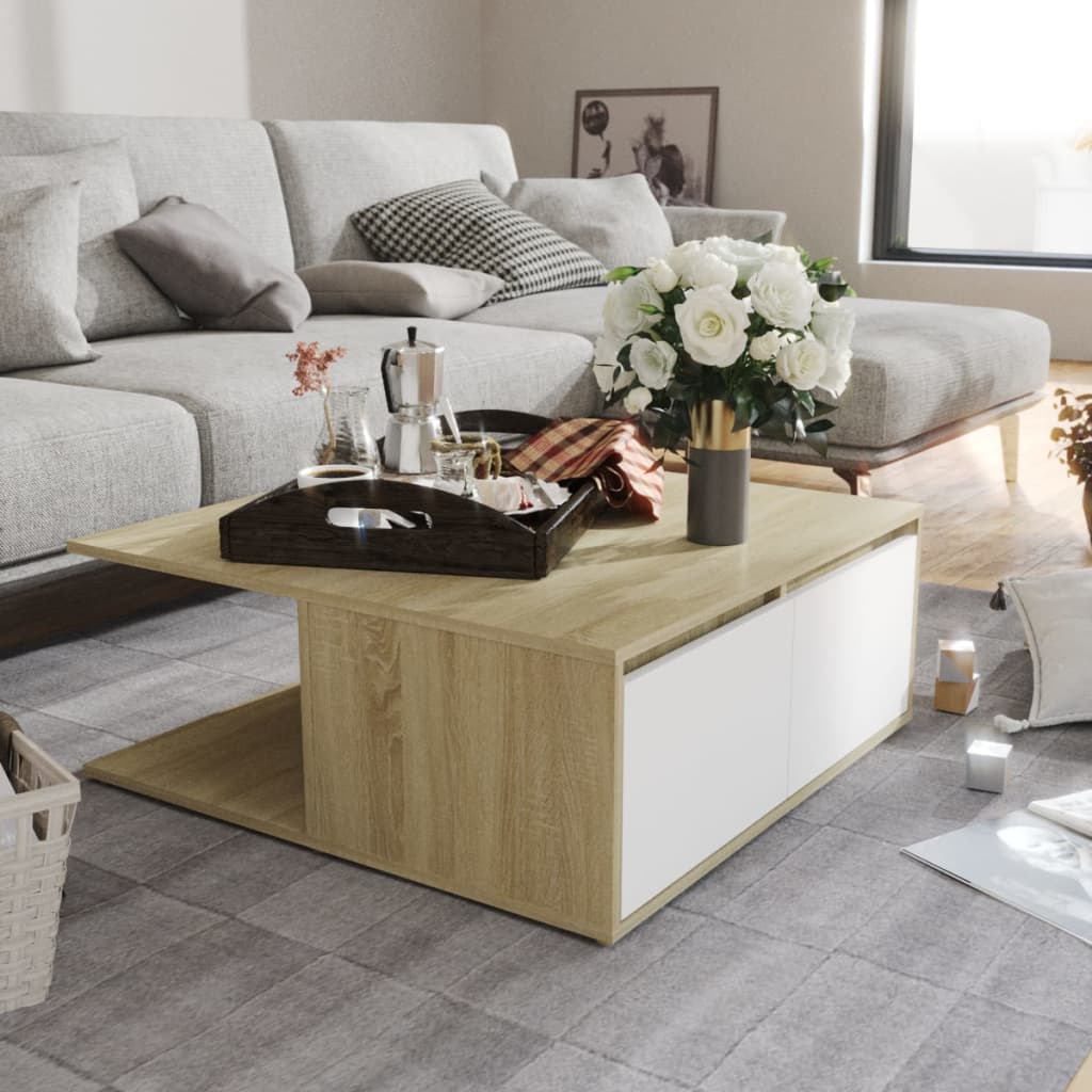 vidaXL Stolik kawowy, biel i db sonoma, 80x80x31 cm