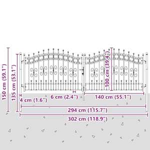 Plotová branka KAMPEN s kopím nahoře černá 302 x 100 cm ocel - obrázek 6