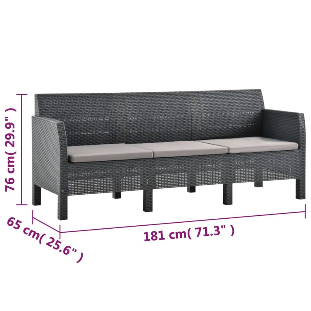 imagem de vidaXL 3 pcs conjunto lounge jardim com almofadões vime PP antracite11