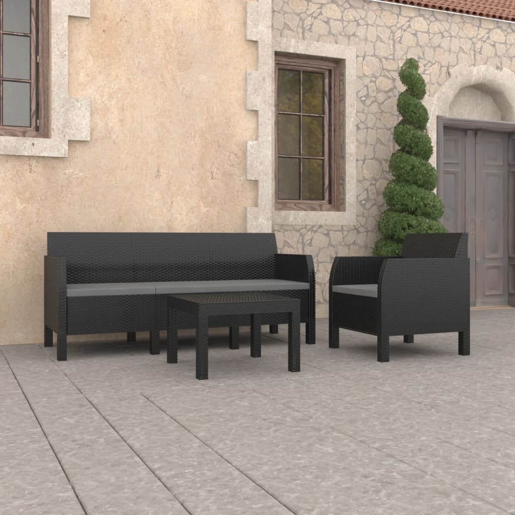 vidaXL 3-tlg. Garten-Lounge-Set mit Kissen PP Rattan Anthrazit