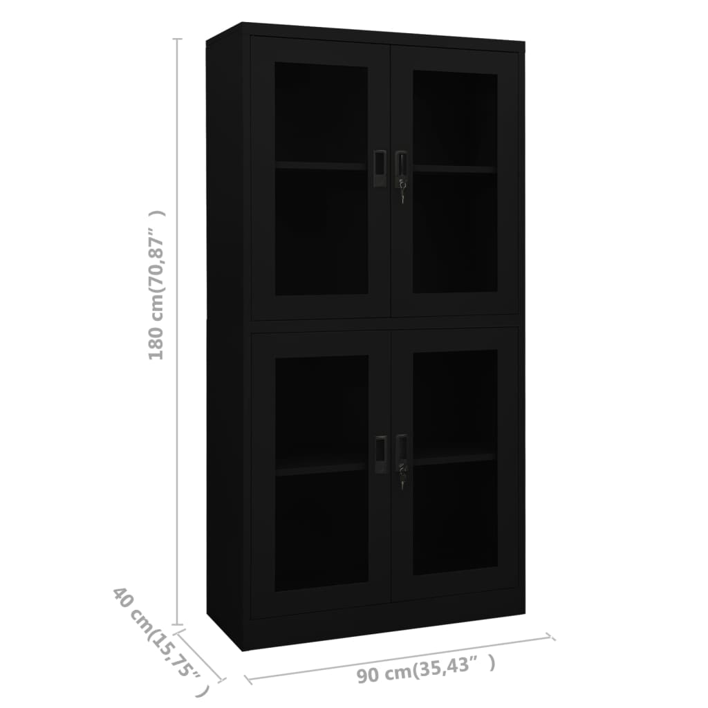 Fekete acél és edzett üveg irodai szekrény 90 x 40 x 180 cm 