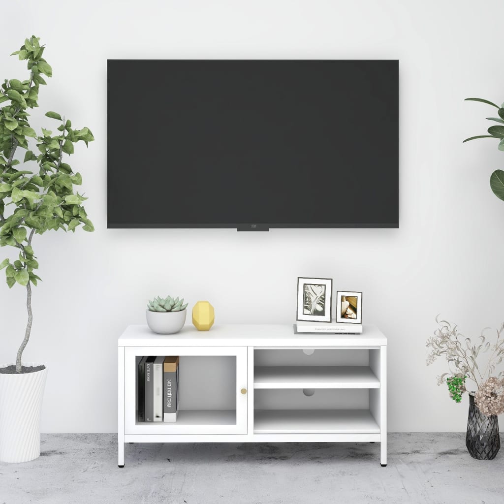 vidaXL Dulap TV, alb, 90x30x44 cm, oțel și sticlă