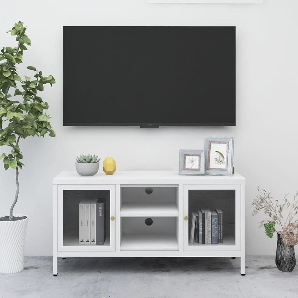 Meuble TV Blanc 105x35x52 cm Acier et verre | meublestv.fr 2
