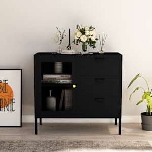 Komoda črna 75x35x70 cm jeklo in kaljeno steklo