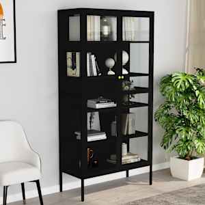 Vitrína černá 90 x 40 x 180 cm ocel a tvrzené sklo