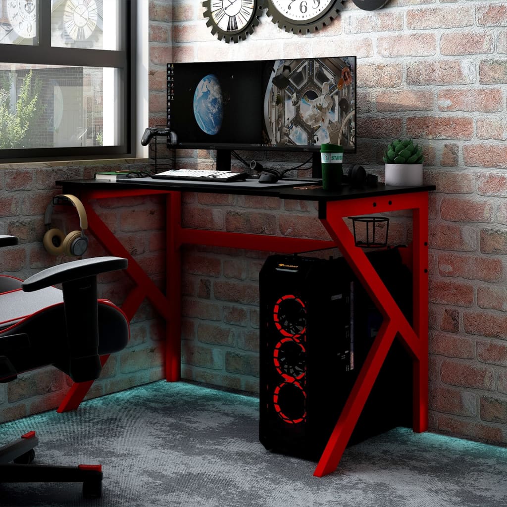 vidaXL Birou de gaming cu picioare formă K, negru/roșu, 110x60x75 cm vidaXL