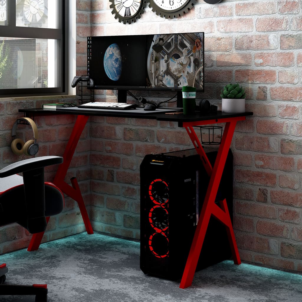 vidaXL Birou de gaming cu picioare formă Y, negru/roșu, 110x60x75 cm vidaXL