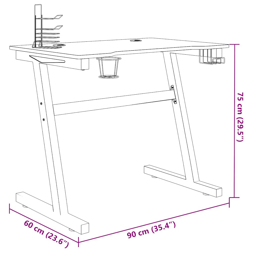 Gaming miza z nogami Z-oblike črna 90x60x75 cm