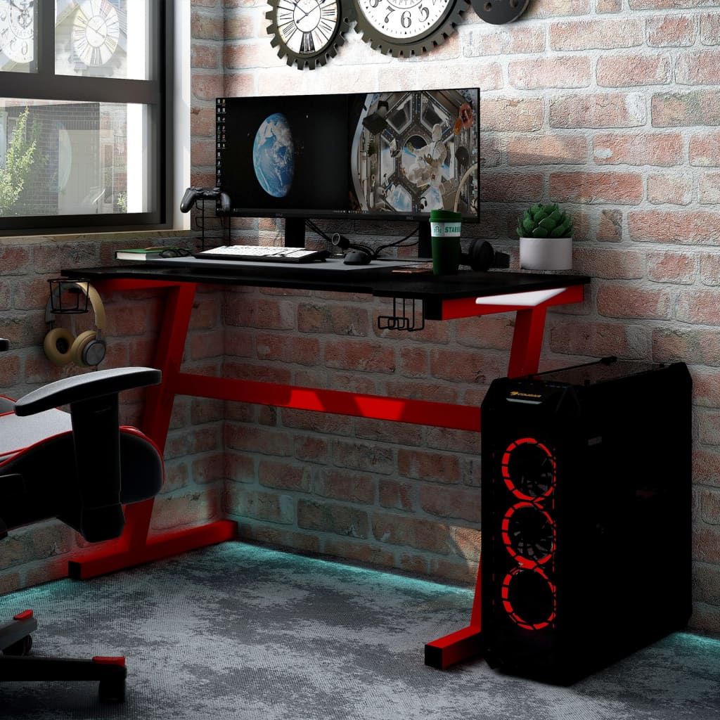 Pelipöytä LED-valot ja Z-muoto musta ja punainen 90x60x75 cm