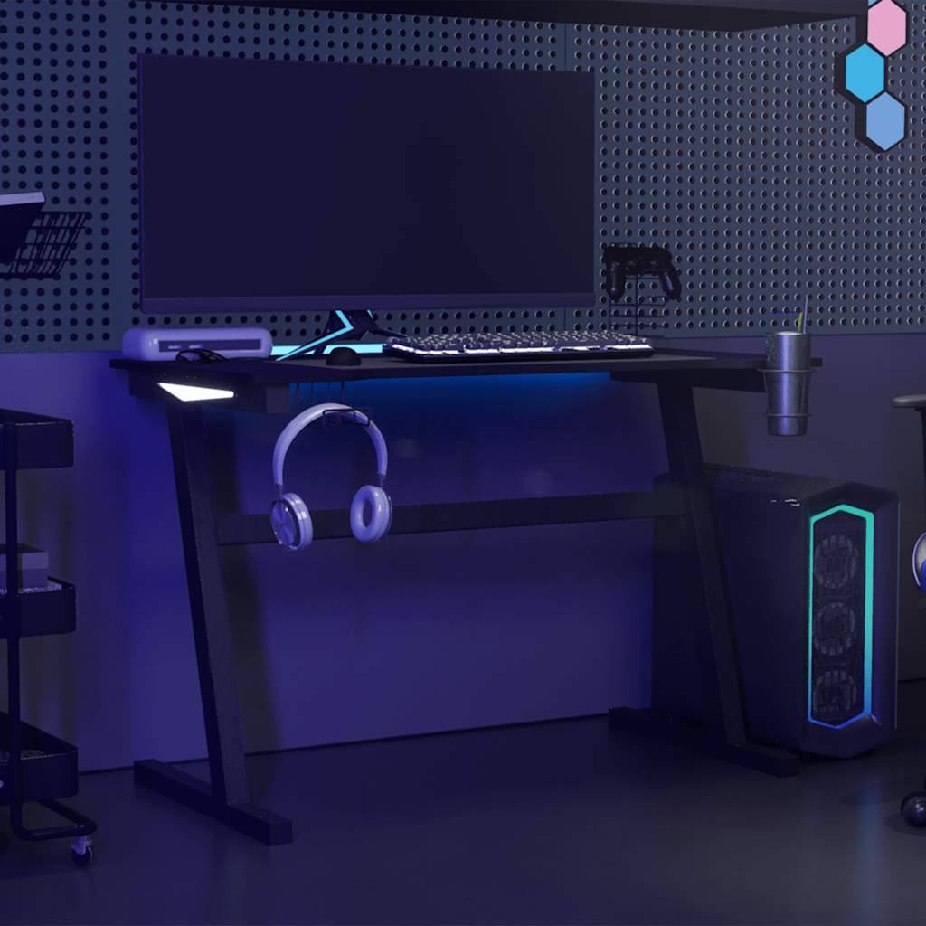 vidaXL Birou de gaming cu picioare formă Z, negru, 110x60x75 cm, LED