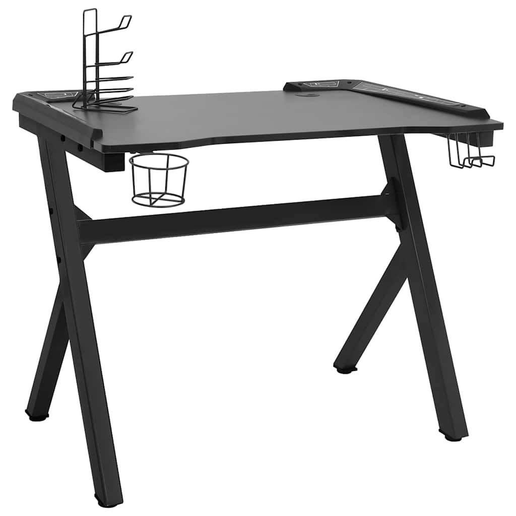vidaXL Birou de gaming LED cu picioare în formă de Y negru 90x60x75 cm