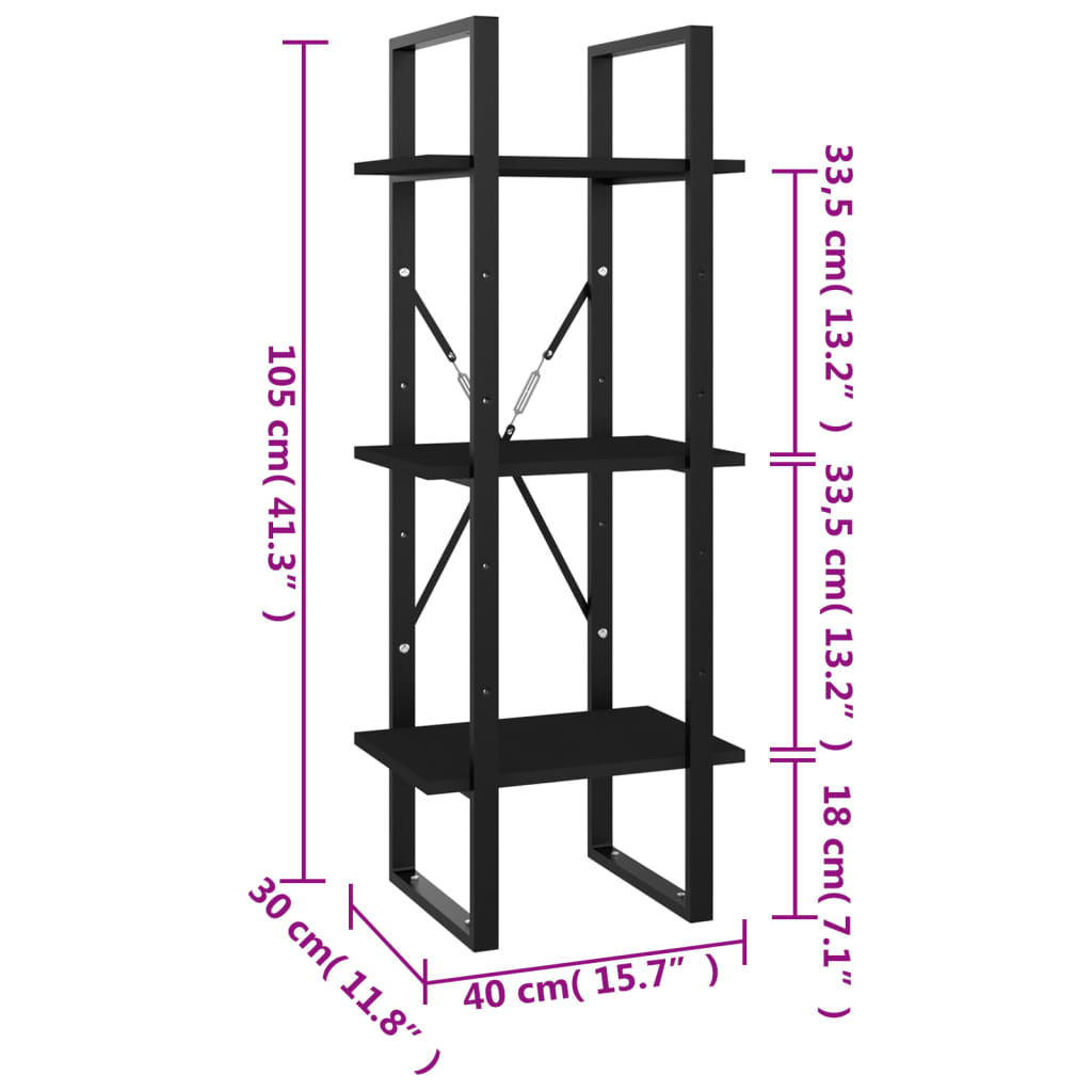 Bibliotecă cu 3 rafturi, negru, 40x30x105 cm, PAL