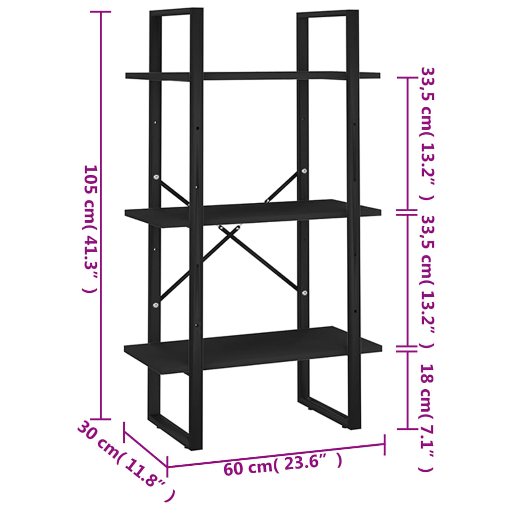 Fekete forgácslap tárolópolc 60 x 30 x 105 cm 