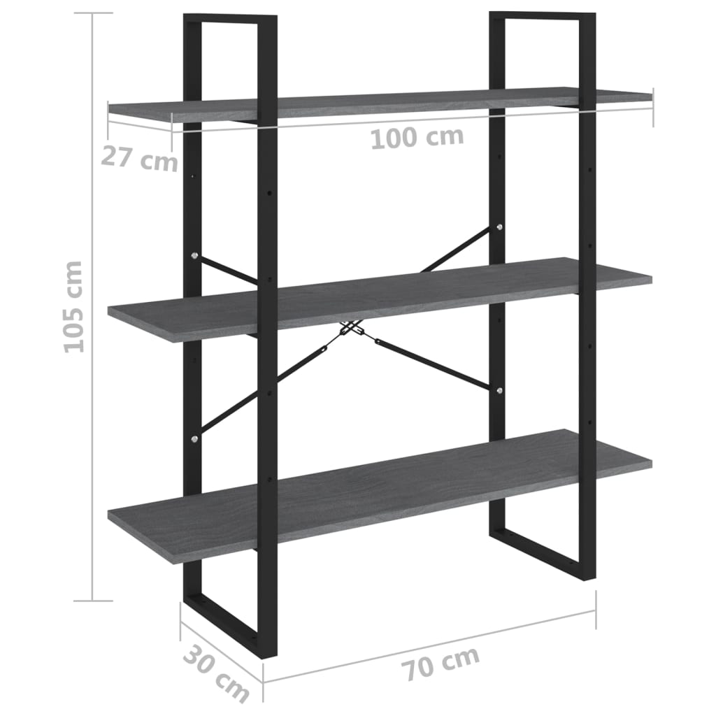 háromszintes szürke tömör fenyőfa könyvszekrény 100x30x105 cm