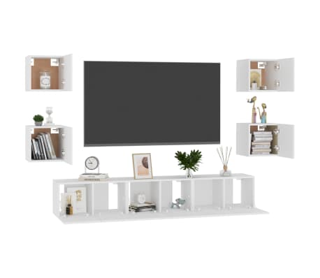 vidaXL Televizoriaus spintelių komplektas, 7 dalių, baltas, mediena