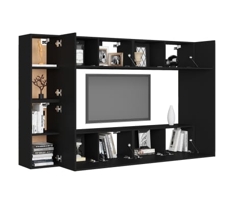 vidaXL Televizoriaus spintelių komplektas, 8 dalių, juodas, mediena